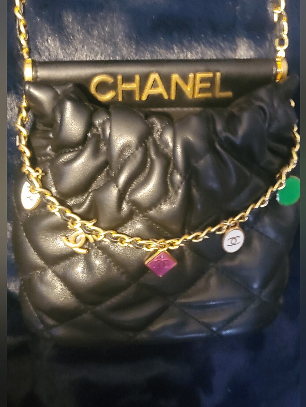 Black Quilted Crossbody with Gold Chain and Colorful Charms